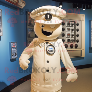 Cream Camera mascot costume character dressed with a Button-Up Shirt and Caps