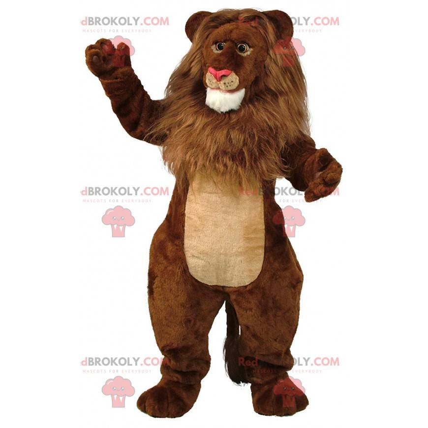 Mascote leão marrom e bege, fantasia de felino gigante e peludo