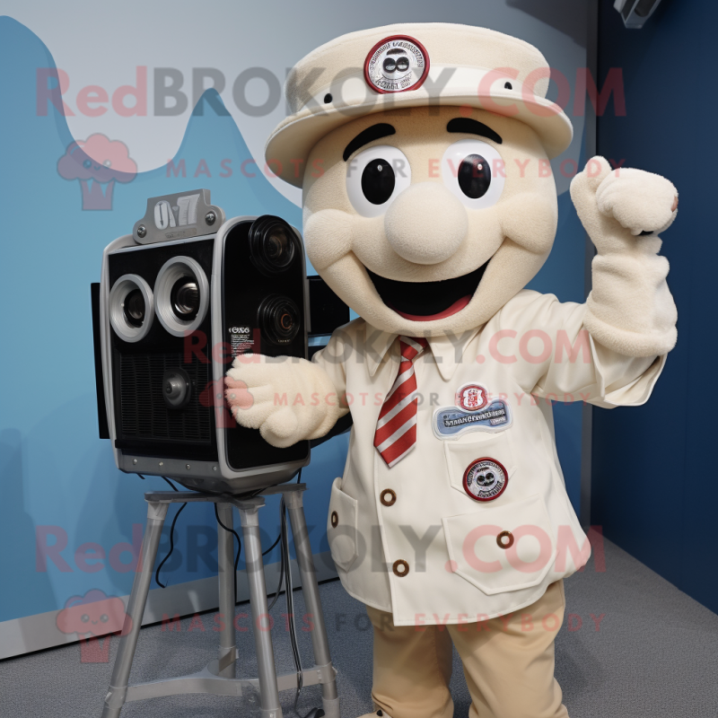 Cream Camera mascot costume character dressed with a Button-Up Shirt and Caps Cream Camera mascot costume character dressed with a Button-Up Shirt and Caps