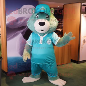 Turquoise Capybara mascot costume character dressed with a Baseball Tee and Hat pins