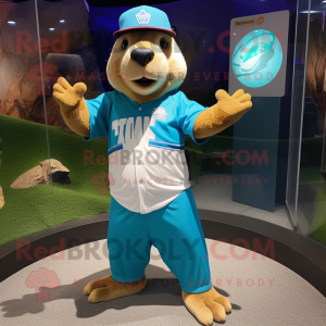 Turquoise Capybara mascot costume character dressed with a Baseball Tee and Hat pins