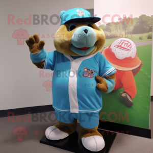 Turquoise Capybara mascot costume character dressed with a Baseball Tee and Hat pins