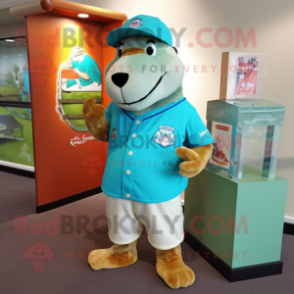 Turquoise Capybara mascot costume character dressed with a Baseball Tee and Hat pins