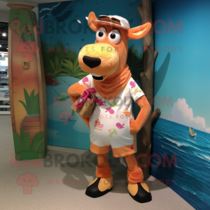 Peach Guernsey Cow mascot costume character dressed with a Board Shorts and Clutch bags