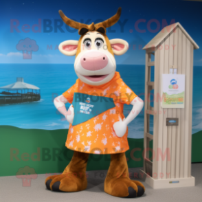 Peach Guernsey Cow mascot costume character dressed with a Board Shorts and Clutch bags