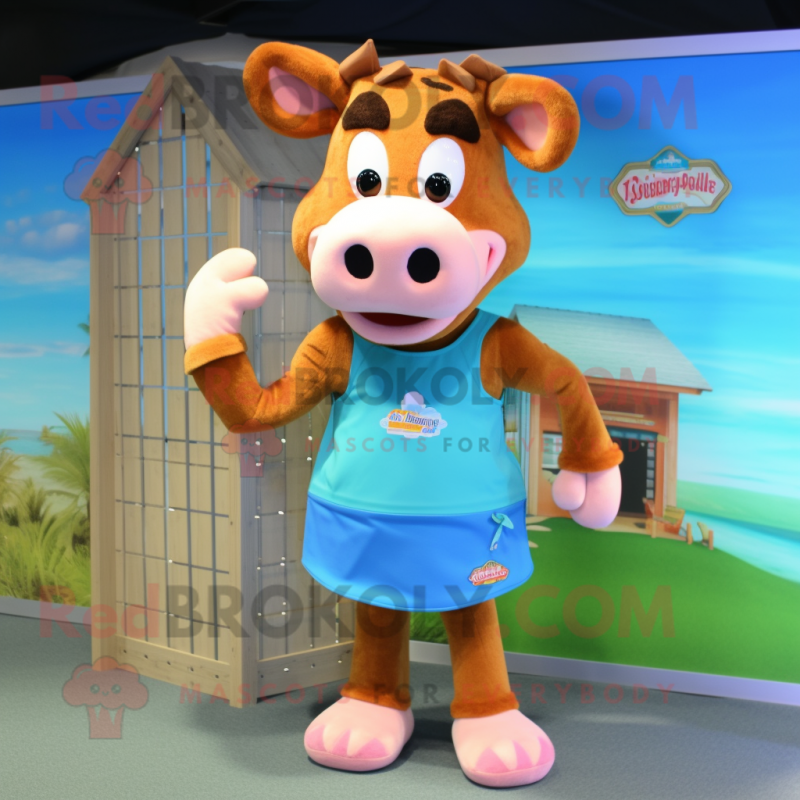 Peach Guernsey Cow mascot costume character dressed with a Board Shorts and Clutch bags