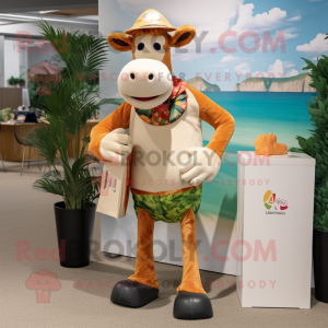 Peach Guernsey Cow mascot costume character dressed with a Board Shorts and Clutch bags