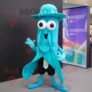 Cyan Squid mascot costume character dressed with a Dress Shirt and Brooches