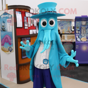 Cyan Squid maskot kostym...