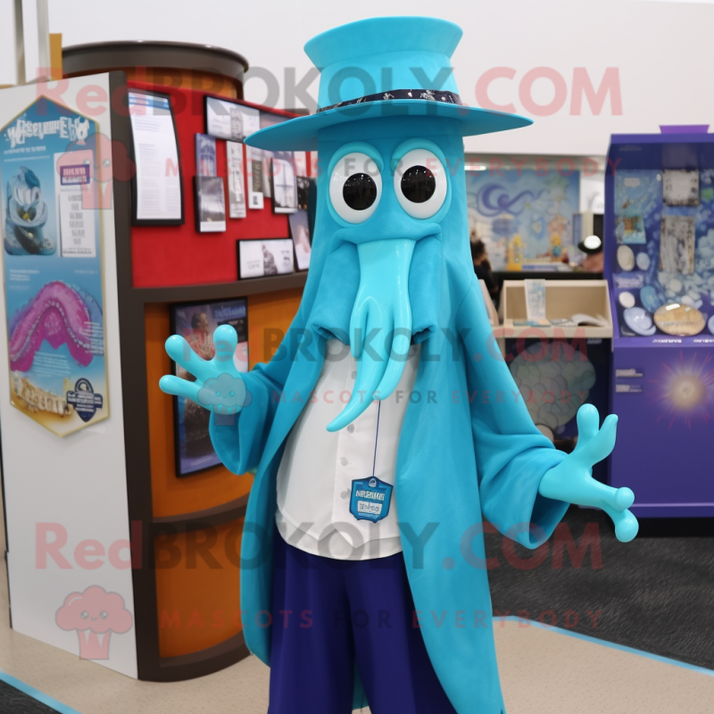 Cyan Squid mascot costume character dressed with a Dress Shirt and Brooches