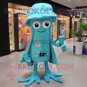 Cyan Squid mascot costume character dressed with a Dress Shirt and Brooches