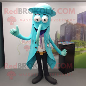 Cyan Squid mascot costume character dressed with a Dress Shirt and Brooches