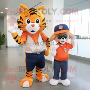 Orange Tiger mascot costume character dressed with a Mom Jeans and Caps