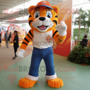 Orange Tiger mascot costume character dressed with a Mom Jeans and Caps