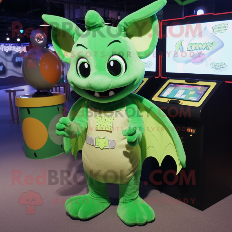 Green Bat mascot costume character dressed with a Romper and Coin purses Green Bat mascot costume character dressed with a Romper and Coin purses