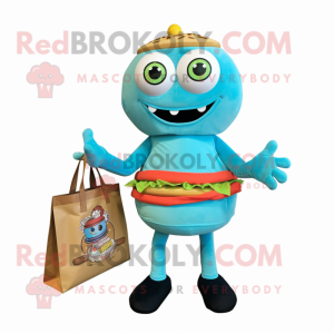 Cyan Burgers mascot costume character dressed with a Turtleneck and Tote bags