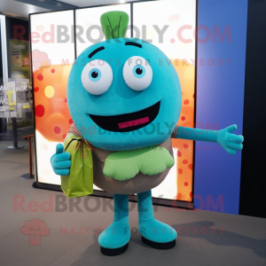 Cyan Burgers mascot costume character dressed with a Turtleneck and Tote bags