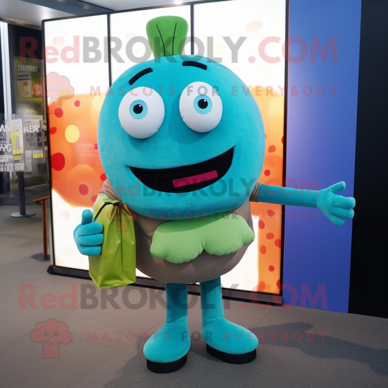 Cyan Burgers mascot costume character dressed with a Turtleneck and Tote bags Cyan Burgers mascot costume character dressed with a Turtleneck and Tote bags
