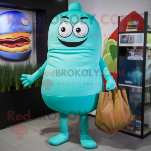 Cyan Burgers mascot costume character dressed with a Turtleneck and Tote bags