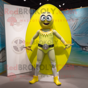 Lemon Yellow Celtic Shield mascot costume character dressed with a One-Piece Swimsuit and Suspenders