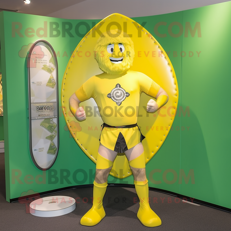 Lemon Yellow Celtic Shield mascot costume character dressed with a One-Piece Swimsuit and Suspenders