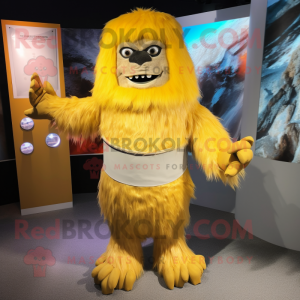 Gold Yeti mascot costume character dressed with a Pencil Skirt and Cummerbunds
