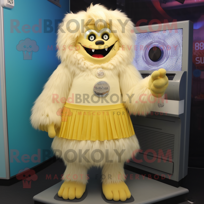Gold Yeti mascot costume character dressed with a Pencil Skirt and Cummerbunds