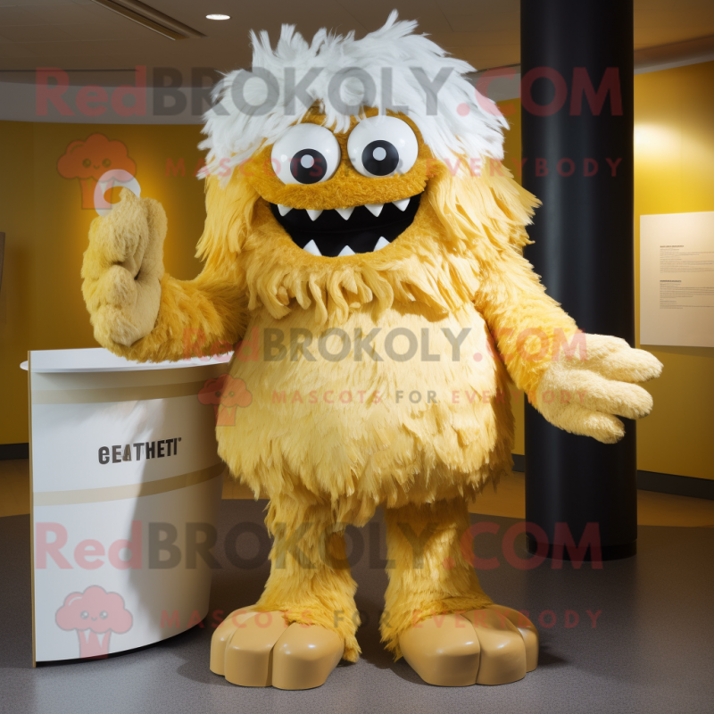 Gold Yeti mascot costume character dressed with a Pencil Skirt and Cummerbunds