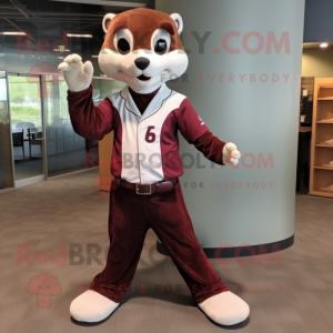 Maroon Weasel mascot costume character dressed with a Baseball Tee and Ties