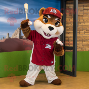 Maroon Weasel mascot costume character dressed with a Baseball Tee and Ties