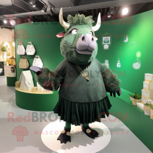 Forest Green Woolly Rhinoceros mascot costume character dressed with a Pleated Skirt and Coin purses