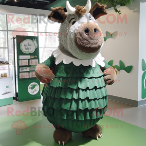 Forest Green Woolly Rhinoceros mascot costume character dressed with a Pleated Skirt and Coin purses