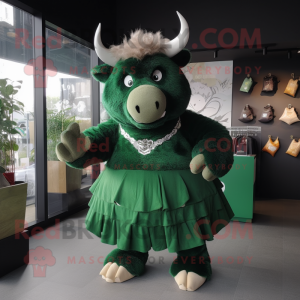 Forest Green Woolly Rhinoceros mascot costume character dressed with a Pleated Skirt and Coin purses