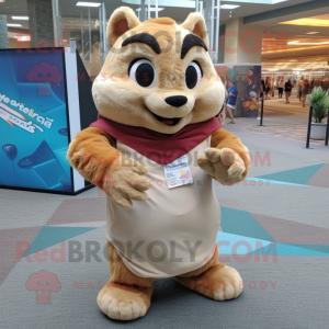 Beige Chipmunk mascot costume character dressed with a T-Shirt and Shawl pins