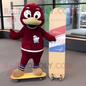 Maroon Skateboard mascot costume character dressed with a Midi Dress and Lapel pins