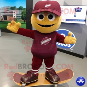 Maroon Skateboard mascot costume character dressed with a Midi Dress and Lapel pins