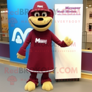 Maroon Skateboard mascot costume character dressed with a Midi Dress and Lapel pins