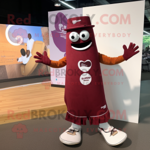 Maroon Skateboard mascot costume character dressed with a Midi Dress and Lapel pins