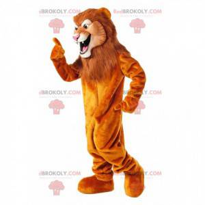 Mascotte de lion orange avec une grande crinière marron -