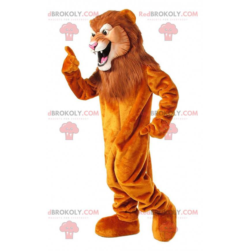 Mascote leão laranja com uma grande juba castanha -