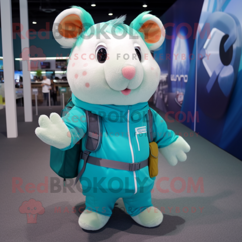 Teal Hamster mascot costume character dressed with a Romper and Backpacks