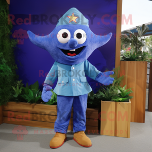 Blue Starfish mascot costume character dressed with a Cargo Pants and Keychains