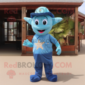 Blue Starfish mascot costume character dressed with a Cargo Pants and Keychains