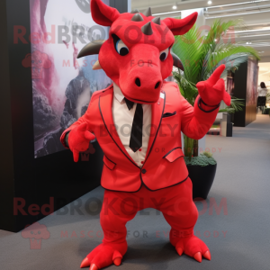 Red Triceratops mascot costume character dressed with a Suit Jacket and Ties