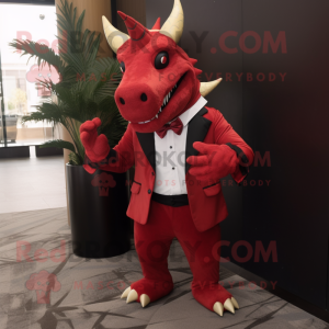 Red Triceratops mascot costume character dressed with a Suit Jacket and Ties