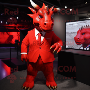 Red Triceratops mascot costume character dressed with a Suit Jacket and Ties