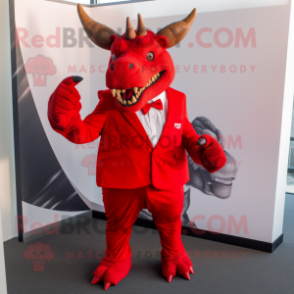 Red Triceratops mascot costume character dressed with a Suit Jacket and Ties