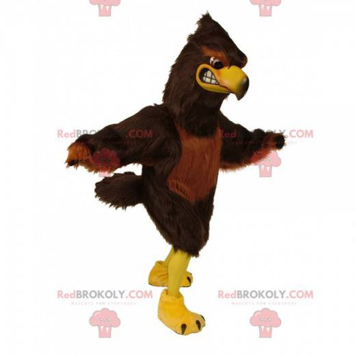 Mascotte falco marrone e giallo, costume da grande aquila -