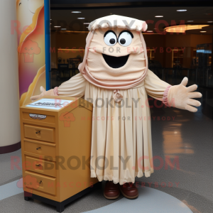 Beige Treasure Chest mascot costume character dressed with a Pleated Skirt and Gloves