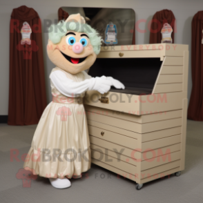 Beige Treasure Chest mascot costume character dressed with a Pleated Skirt and Gloves